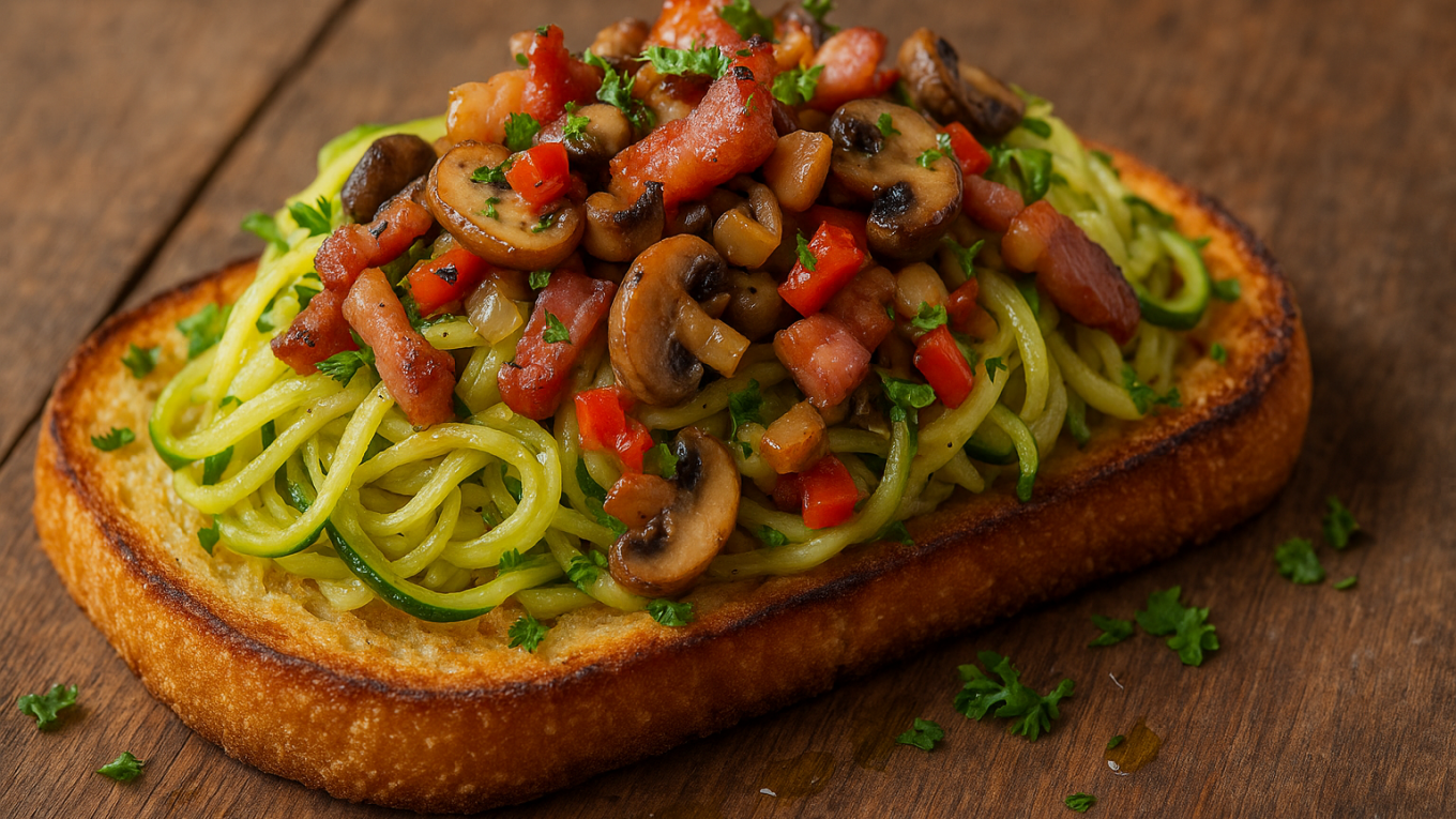 Plat de courgettes « spaghettis » aux lardons et champignons, dressé sur une tranche de pain grillé à l’ail, le tout sur une table en bois rustique.
