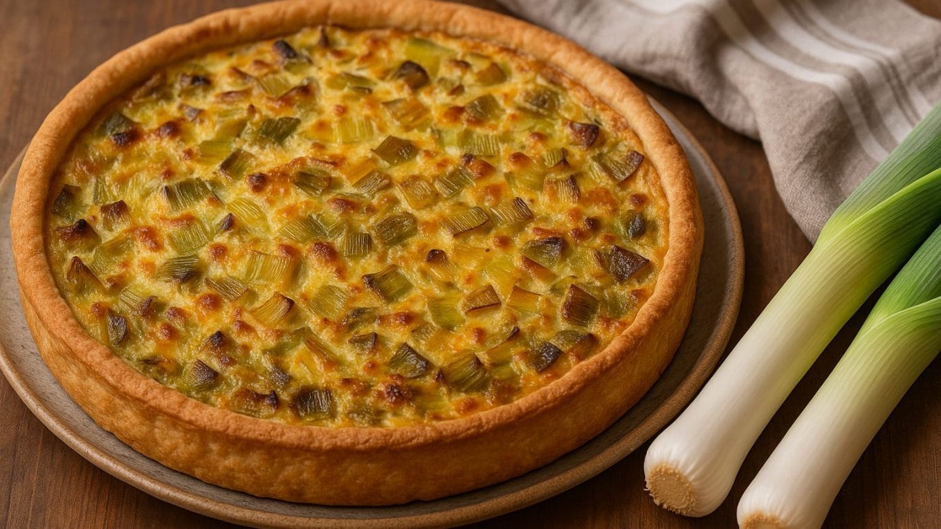 Tarte aux poireaux à l’ancienne faite maison, avec une pâte dorée et une garniture onctueuse aux poireaux fondants, sur fond rustique.