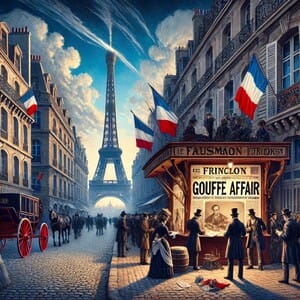 "Scène parisienne du XIXe siècle illustrant l'affaire Gouffé, avec la Tour Eiffel en arrière-plan, des citoyens rassemblés autour d'un kiosque à journaux, et une malle mystérieuse évoquant la découverte macabre."