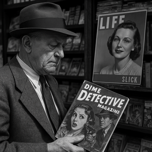 Un homme âgé examine deux magazines dans un kiosque des années 40. Dans sa main, un pulp illustré avec une scène de crime sensationnaliste ; derrière lui, un magazine slick élégant en vitrine. L’image illustre le contraste entre culture populaire de masse et presse respectable.
