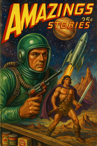 Illustration de couverture pulp représentant un astronaute en combinaison verte armé d’un pistolet et un barbare musclé brandissant une épée, avec une fusée décollant vers les étoiles en arrière-plan. L’ambiance évoque l’âge d’or de la science-fiction et de la fantasy des années 30.