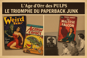 Collage rétro représentant l’âge d’or des pulps : à gauche, des couvertures colorées de Weird Tales et Action Comics ; à droite, un livre de poche de The Maltese Falcon et une famille regardant un cow-boy à la télévision. L’image symbolise la transition de la culture pulp vers les comics, le roman noir et le divertissement de masse.