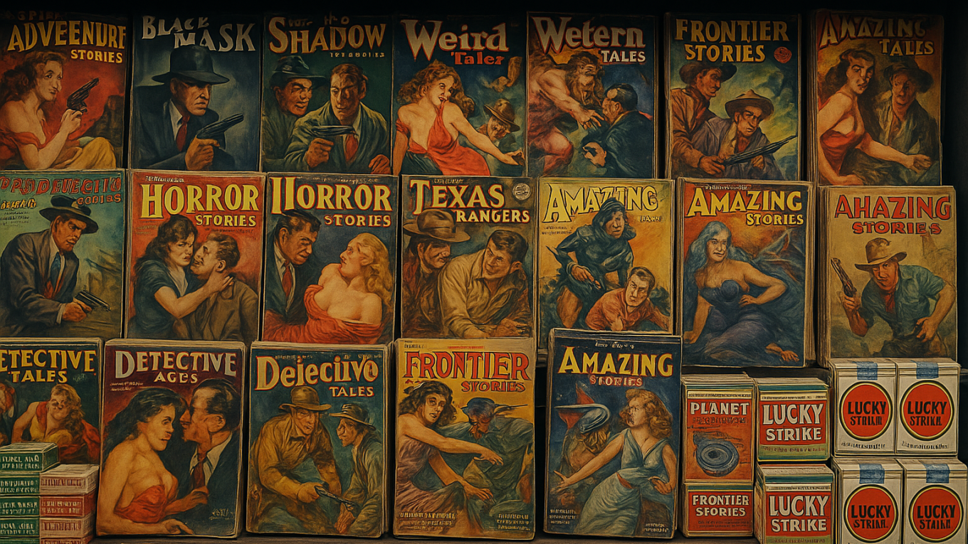 Kiosque new-yorkais des années 30 rempli de magazines pulp aux couvertures criardes : détectives armés, cow-boys, créatures monstrueuses, femmes en détresse. Des paquets de chewing-gums et de cigarettes Lucky Strike sont également visibles, témoignant de la culture populaire de l’époque.