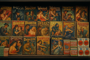 Kiosque new-yorkais des années 30 rempli de magazines pulp aux couvertures criardes : détectives armés, cow-boys, créatures monstrueuses, femmes en détresse. Des paquets de chewing-gums et de cigarettes Lucky Strike sont également visibles, témoignant de la culture populaire de l’époque.