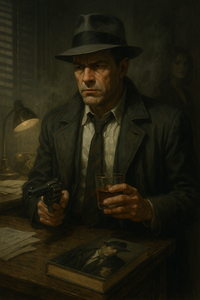Détective privé dans un bureau sombre des années 30, tenant un revolver dans une main et un verre de whisky dans l’autre. Il porte un fedora, un trench usé et une cravate desserrée, avec en arrière-plan une silhouette féminine floue et une lampe de bureau allumée.