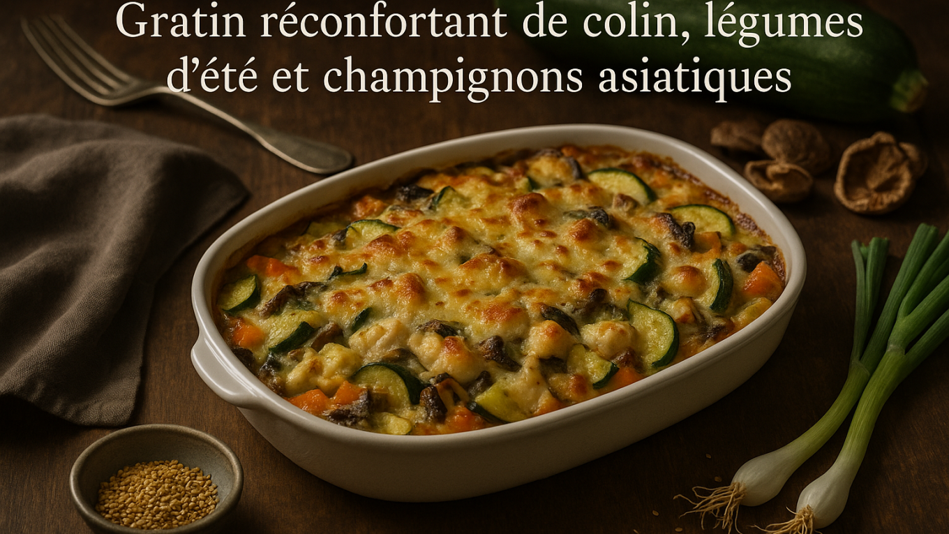 Gratin doré de colin aux légumes d'été et champignons asiatiques, présenté dans un plat rustique avec courgettes, carottes et oignons ciboules.