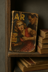 Photographie ultra réaliste d’un vieux magazine pulp déchiré, posé sur une étagère en bois usé, parmi d’autres livres fatigués. La couverture représente une femme en détresse avec un revolver. L’image évoque l’usure du temps et la consommation populaire des pulps dans les années 30-50.