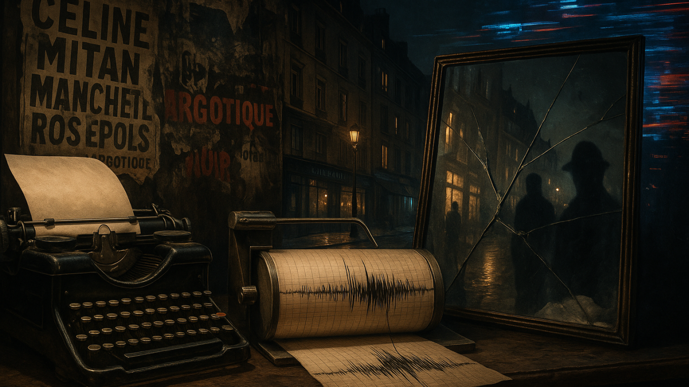 Machine à écrire vintage posée à côté d’un sismographe imprimant des ondes sur un rouleau de papier, face à un miroir fissuré reflétant une ruelle pavée parisienne la nuit.