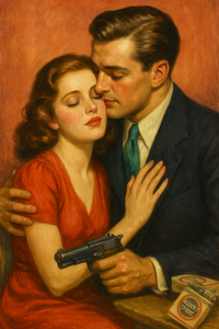 Illustration vintage de couverture pulp représentant un couple enlacé : une femme en robe rouge et un homme en costume sombre, tendrement rapprochés. L’ambiance est romantique mais dramatique, typique des magazines pulp des années 30-40.