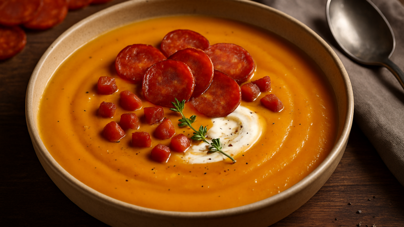 Bol de velouté de butternut crémeux, garni de rondelles de chorizo poêlées, dés de chorizo et crème fraîche, présenté sur une table en bois.