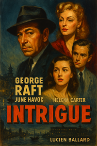 Affiche illustrée style film noir représentant George Raft, Helena Carter et June Havoc sur fond de Shanghai nocturne, ambiance années 40.