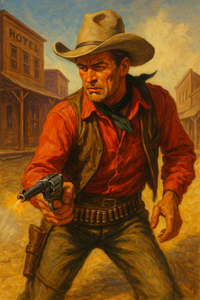 Illustration ultra réaliste d’un cow-boy en action, dégainant son revolver dans une rue poussiéreuse d’une ville de l’Ouest américain. Il porte un chapeau large, une chemise rouge et un gilet de cuir, prêt à tirer plus vite que son ombre.
