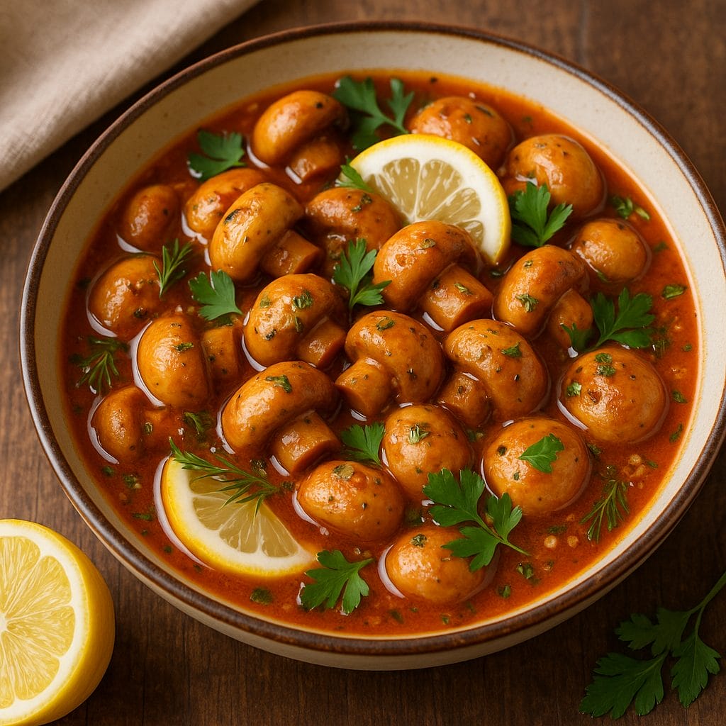 Bol coloré de champignons à la grecque, citron et herbes fraîches