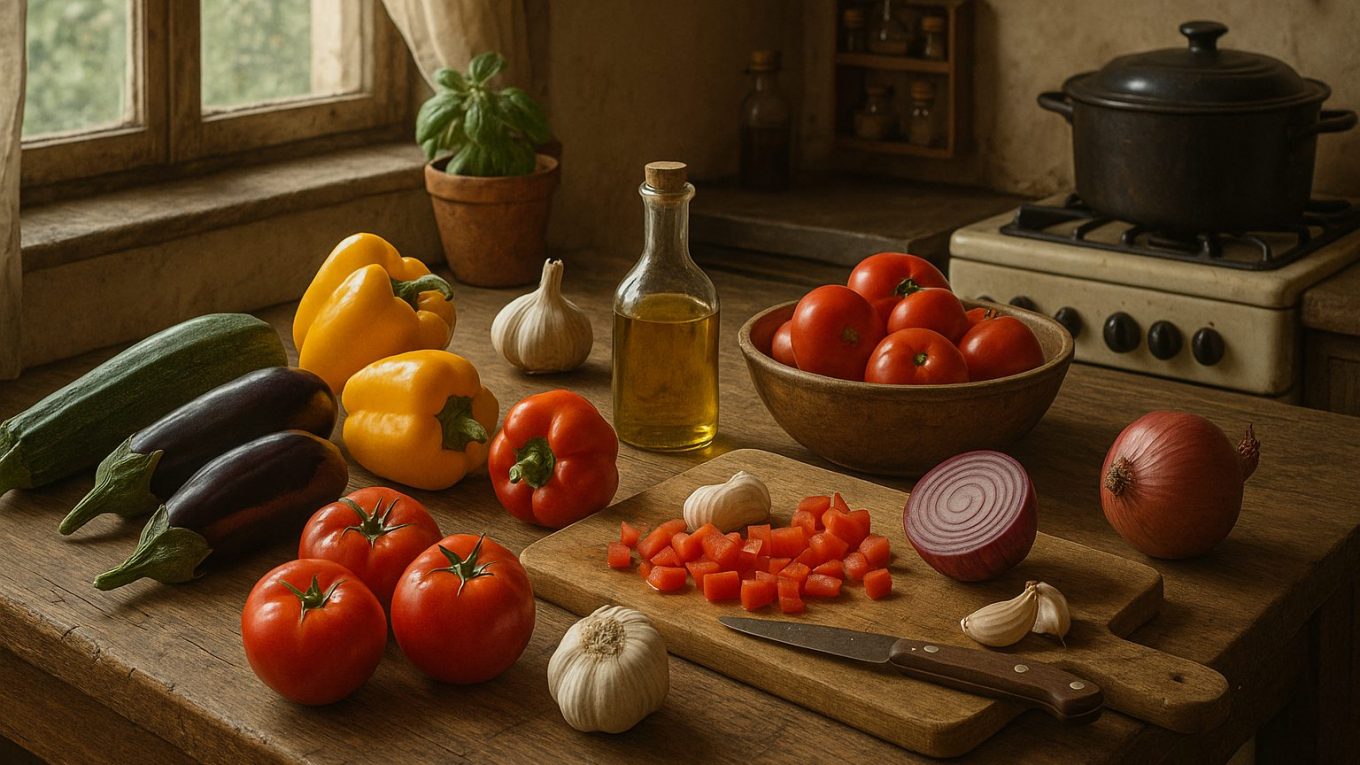 Cuisine rustique avec courgettes, aubergines, poivrons, tomates, ail et oignons disposés sur une table en bois, prêts à être cuisinés.