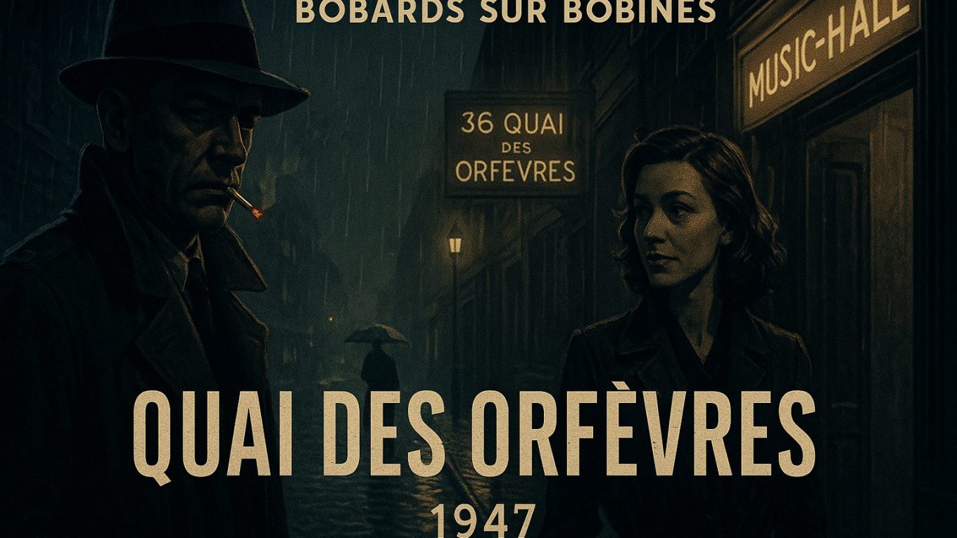 Illustration style film noir : un détective en trench-coat et chapeau allume une cigarette sous la pluie, face à une femme devant un music-hall, avec l’enseigne « 36 Quai des Orfèvres » en arrière-plan.