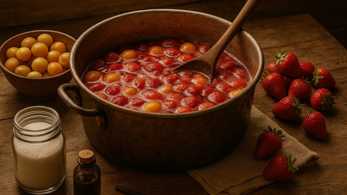 Préparation d’une confiture artisanale de mirabelles et fraises à la vanille dans une bassine en cuivre, entourée d’ingrédients frais.