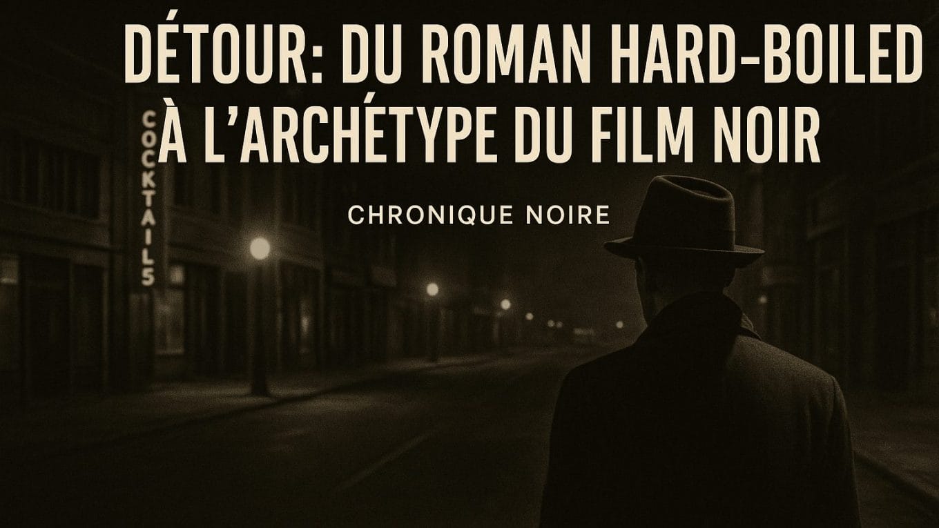 Illustration en style film noir montrant un homme en imperméable et chapeau dans une rue sombre, pour l’article sur le roman « Détour » de Martin M. Goldsmith et son adaptation par Edgar G. Ulmer.