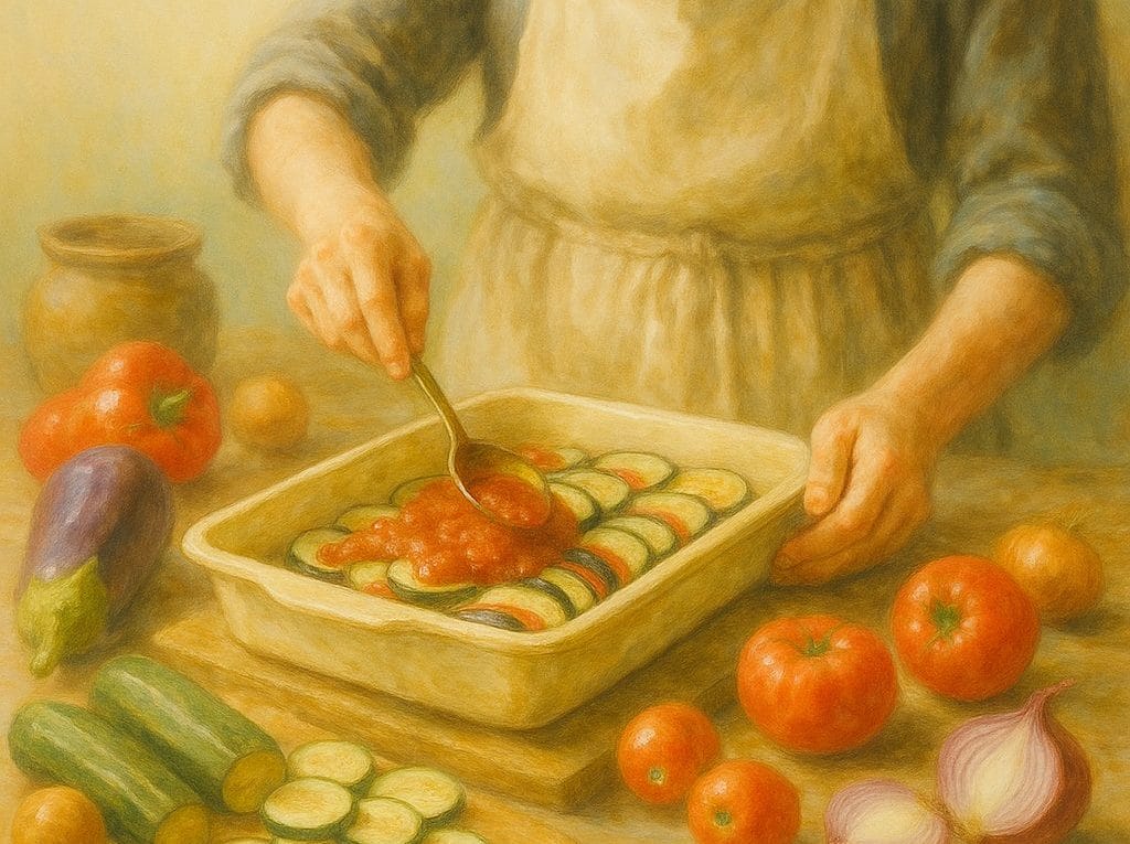Préparation de lasagnes de légumes maison dans une cuisine rustique baignée de lumière estivale