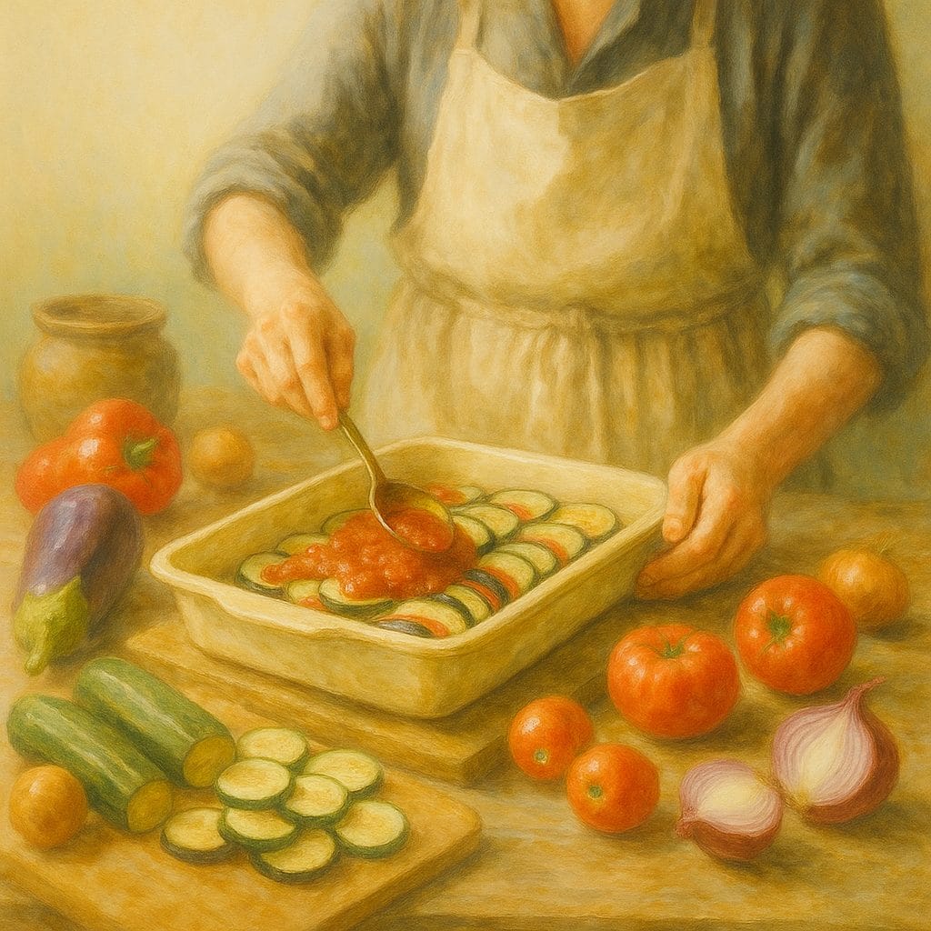 Préparation de lasagnes de légumes maison dans une cuisine rustique baignée de lumière estivale