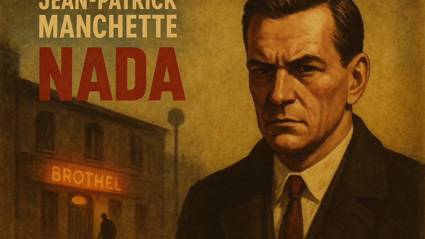 Illustration en style film noir des années 70, représentant l’atmosphère sombre et tendue du roman Nada de Jean-Patrick Manchette.