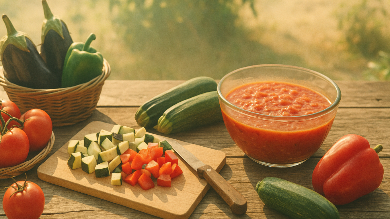Scène estivale rustique : une table en bois en plein air garnie d’un bol de sauce ratatouille maison et de légumes d’été frais (aubergines, courgettes, poivrons, tomates) prêts à être cuisinés.