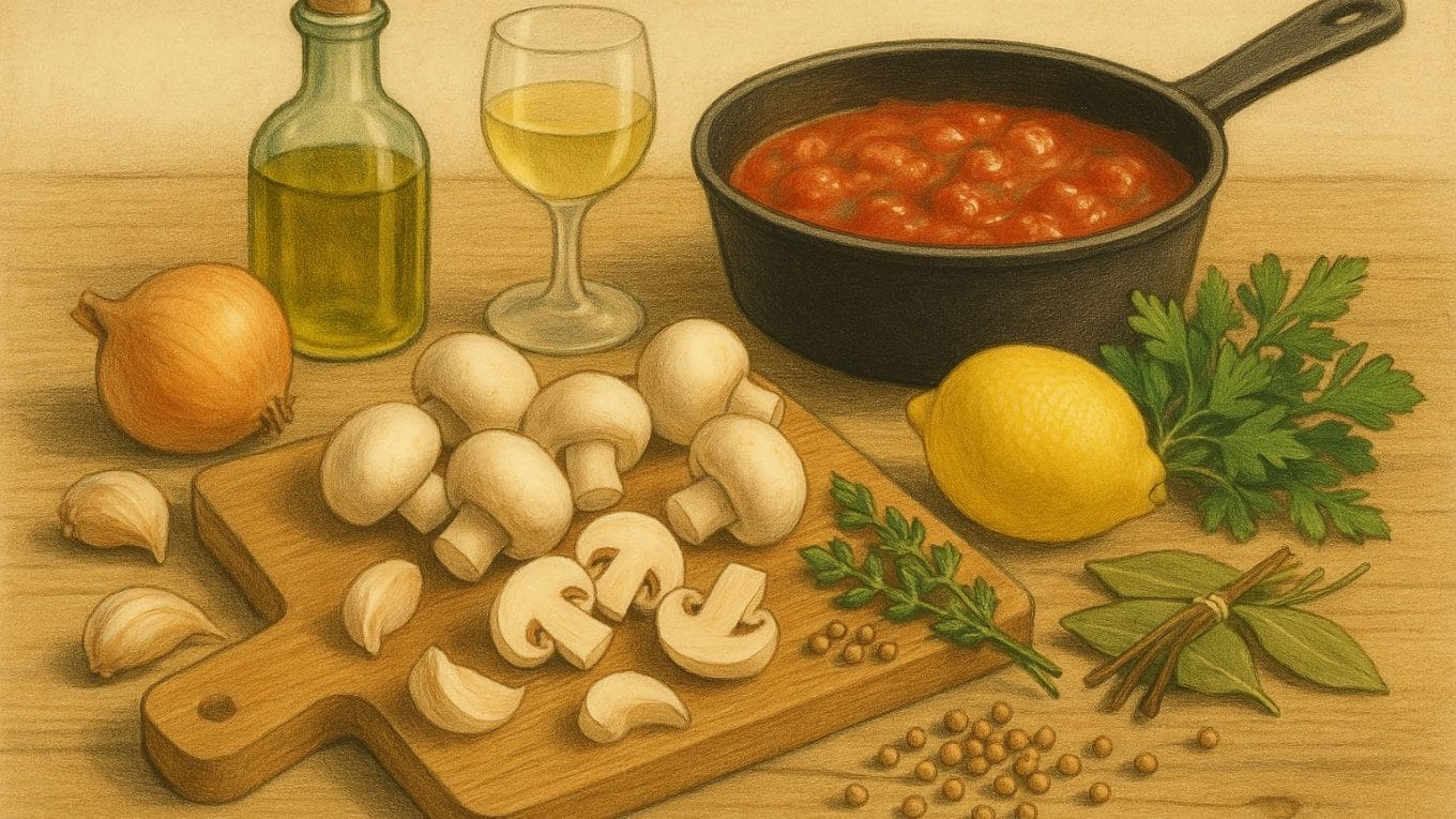 Ingrédients des champignons à la grecque : champignons de Paris frais, oignon émincé, ail, citron, bouquet garni, grains de coriandre, vin blanc et huile d’olive sur une table rustique.