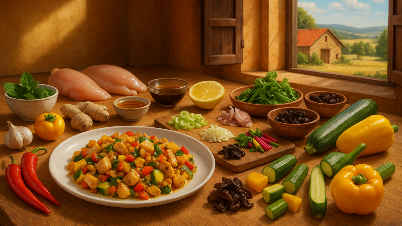 Ingrédients frais et plat de poêlée estivale au poulet présentés dans une cuisine rustique avec vue sur la campagne en été.