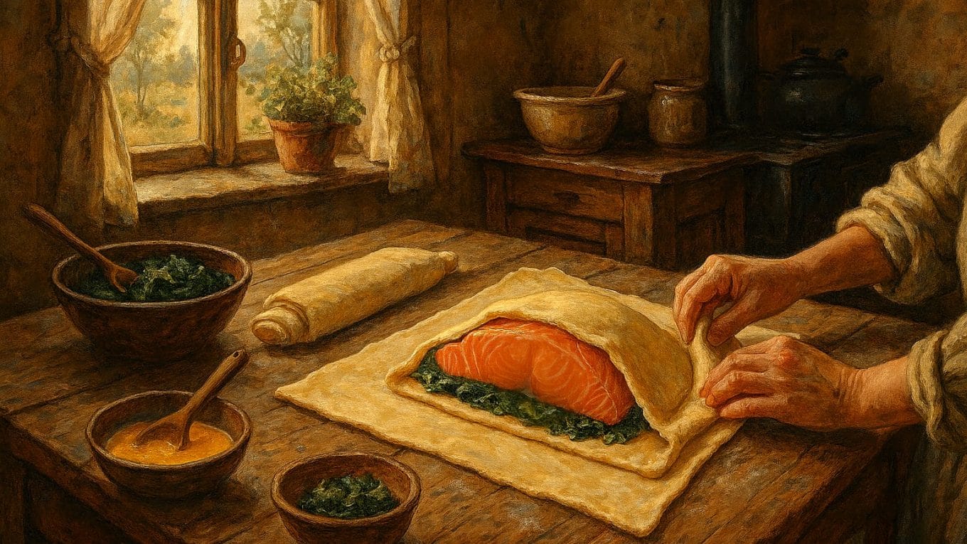 Préparation d’un feuilleté de saumon au gingembre dans une cuisine rustique, sur une table en bois, lumière naturelle d’une fenêtre campagnarde.