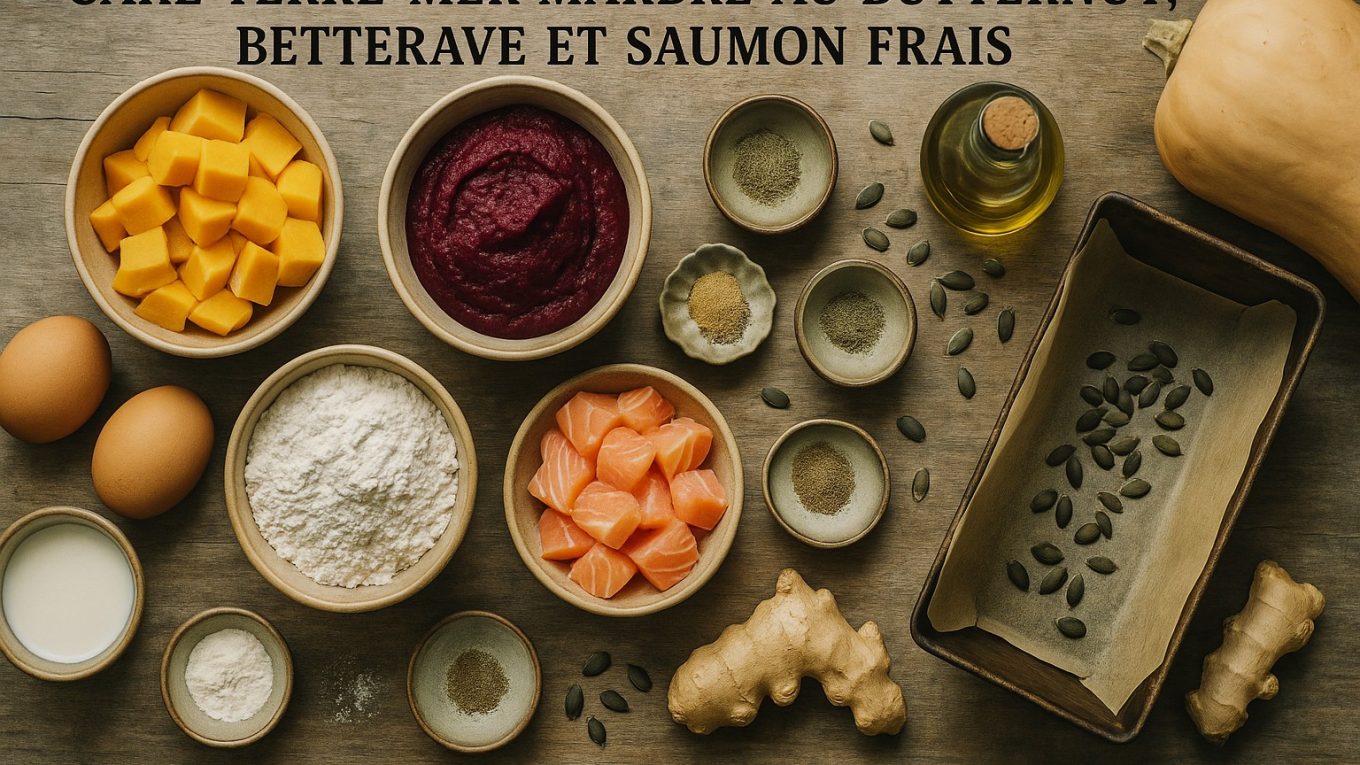 Cake marbré salé au butternut, betterave et saumon frais, présenté avec ses ingrédients sur une table rustique
