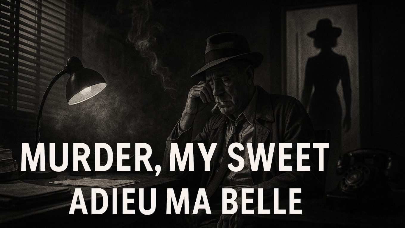 Affiche stylisée de film noir représentant un détective en imperméable dans un bureau sombre, avec l'ombre d'une femme fatale en arrière-plan. Texte : Murder, My Sweet – Adieu ma belle.