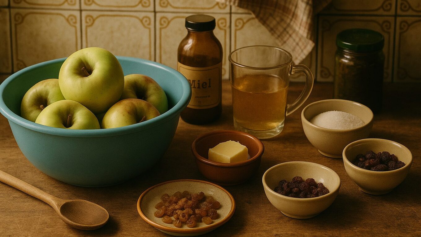Ingrédients rustiques prêts pour des pommes au four dans une cuisine de ferme des années 70