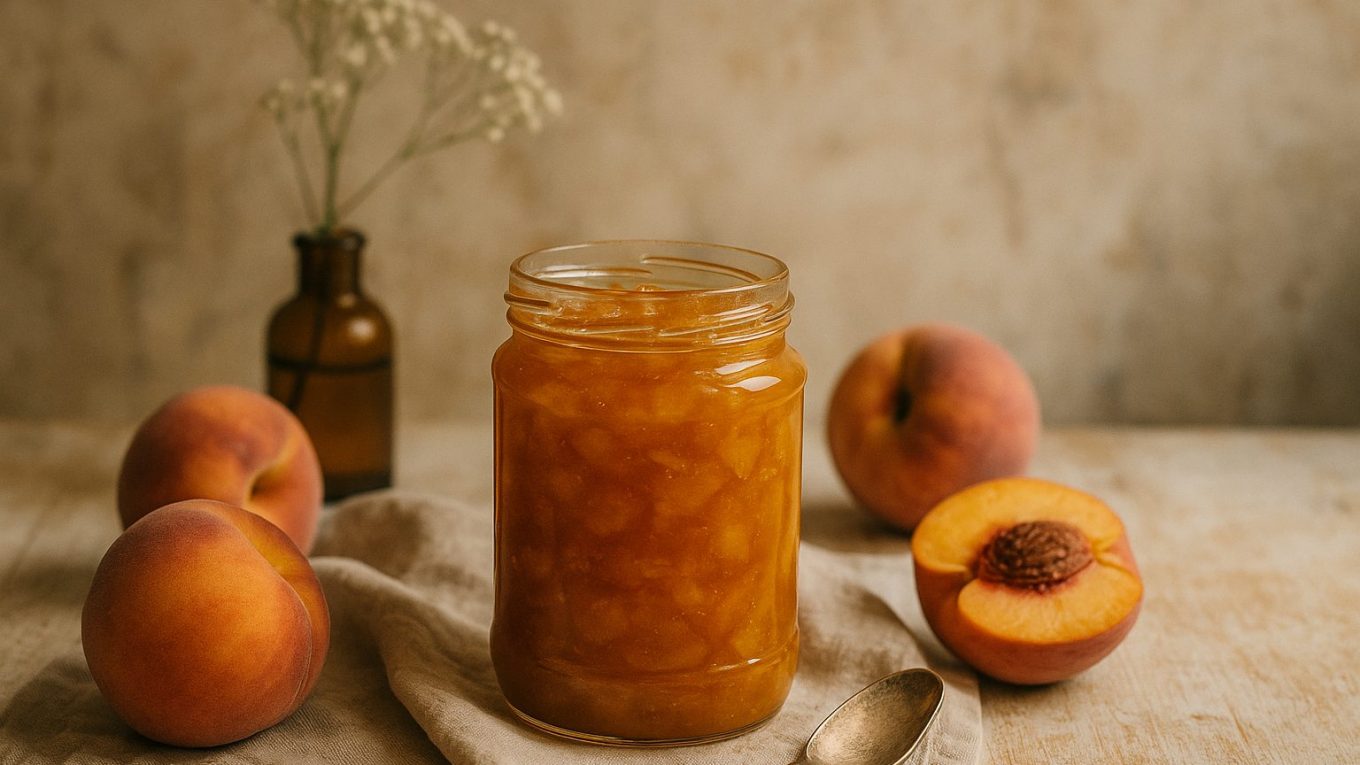 Bocal de confiture de pêches rustique posé sur une nappe en lin, entouré de pêches fraîches et d'une cuillère ancienne, dans une ambiance de cuisine chaleureuse.