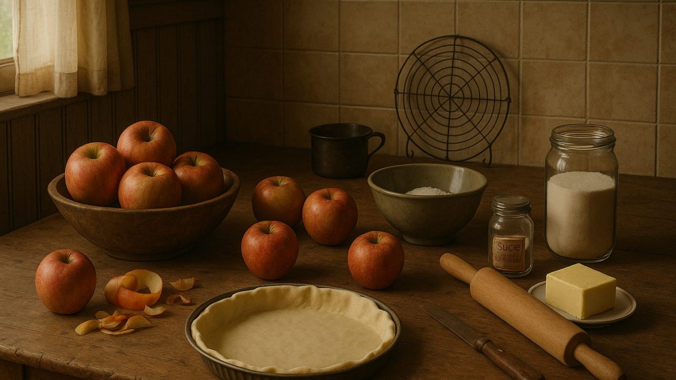 Ingrédients et ustensiles prêts pour préparer une tarte aux pommes dans une cuisine rustique de campagne, avec pommes, beurre, sucre, pâte et rouleau à pâtisserie.