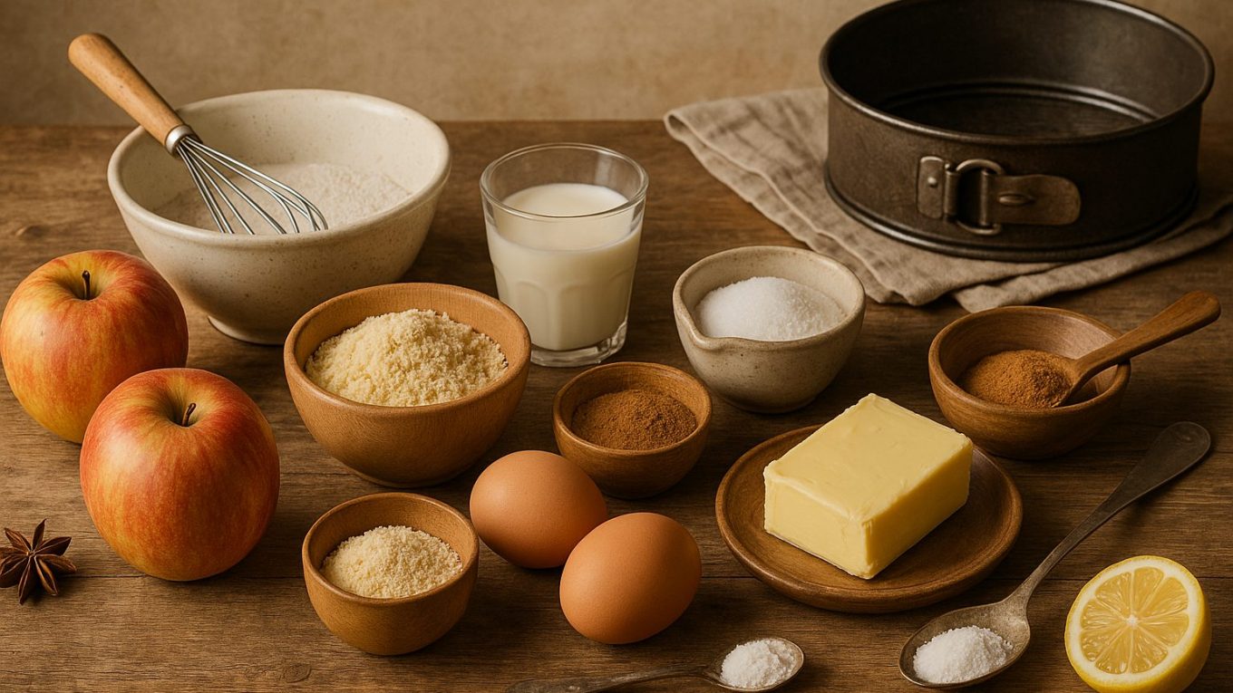Ingrédients pour un gâteau moelleux aux pommes disposés sur une table rustique : pommes, farine, poudre d’amandes, sucre, œufs, beurre, lait, épices et ustensiles.
