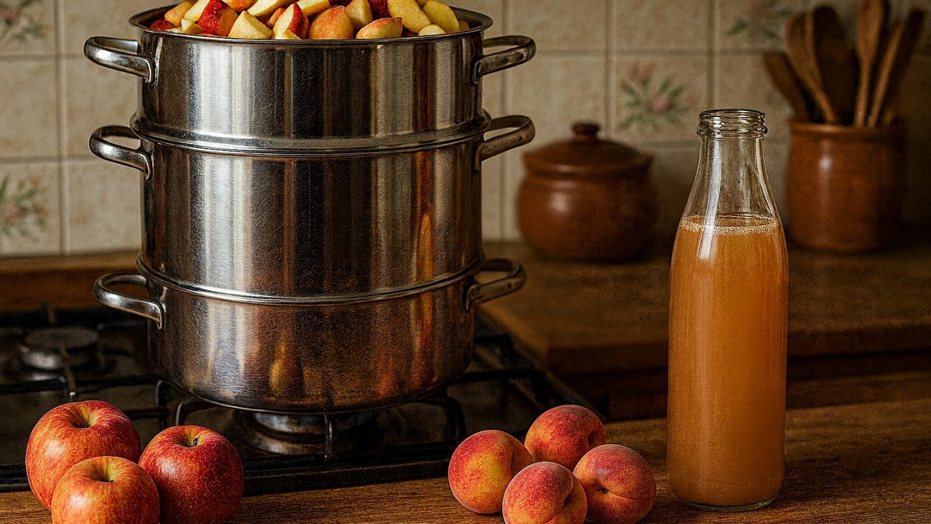 Jus de pommes et pêches maison en cours de préparation dans un extracteur vapeur, avec fruits coupés et bouteille de jus sur le plan de travail.