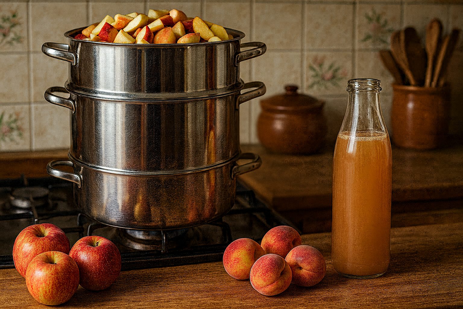 Jus de pommes et pêches maison extrait à la vapeur