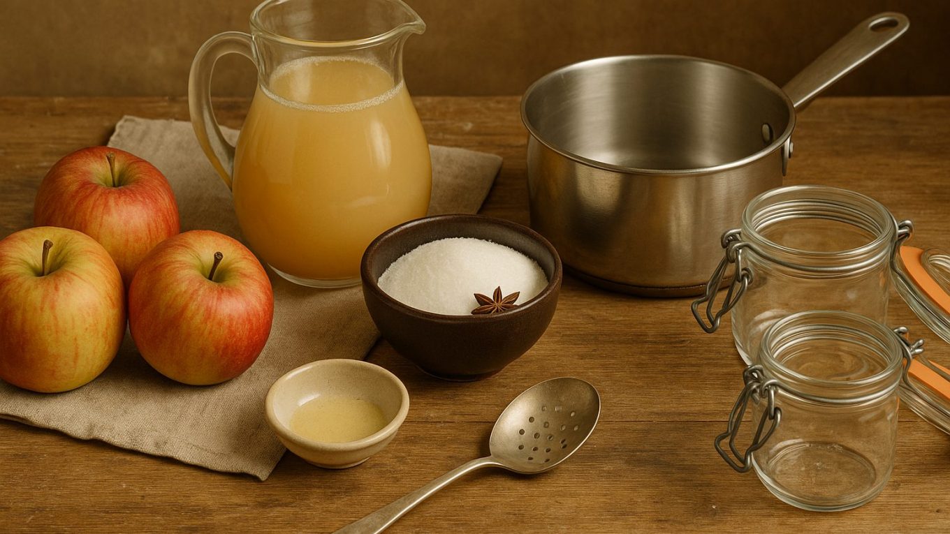 Ingrédients et ustensiles pour préparer une gelée de pommes maison : pommes rouges, jus frais, sucre, badiane, casserole et pots en verre sur une table en bois rustique.