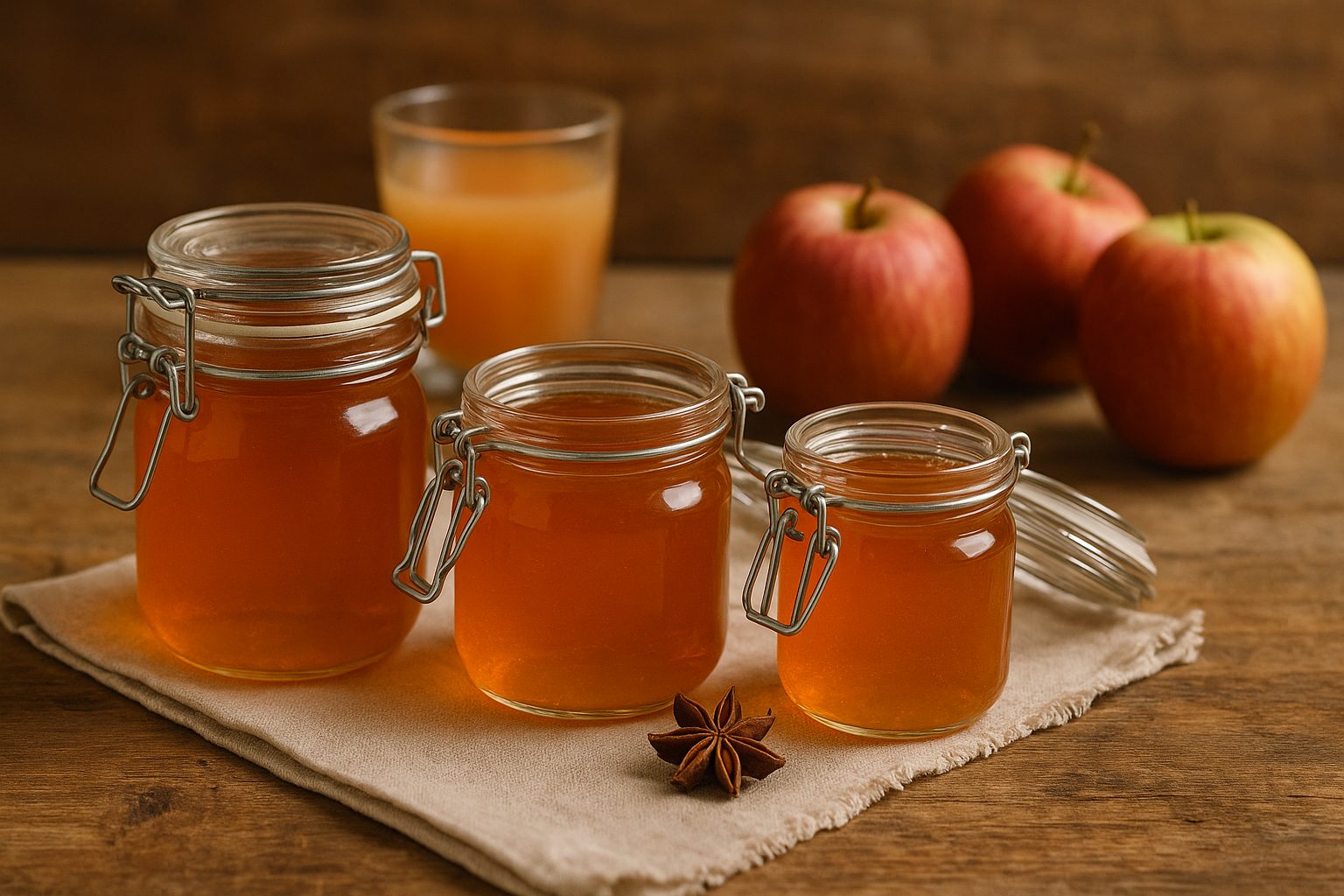 Ingrédients pour gelée de pommes maison sur une table rustique
