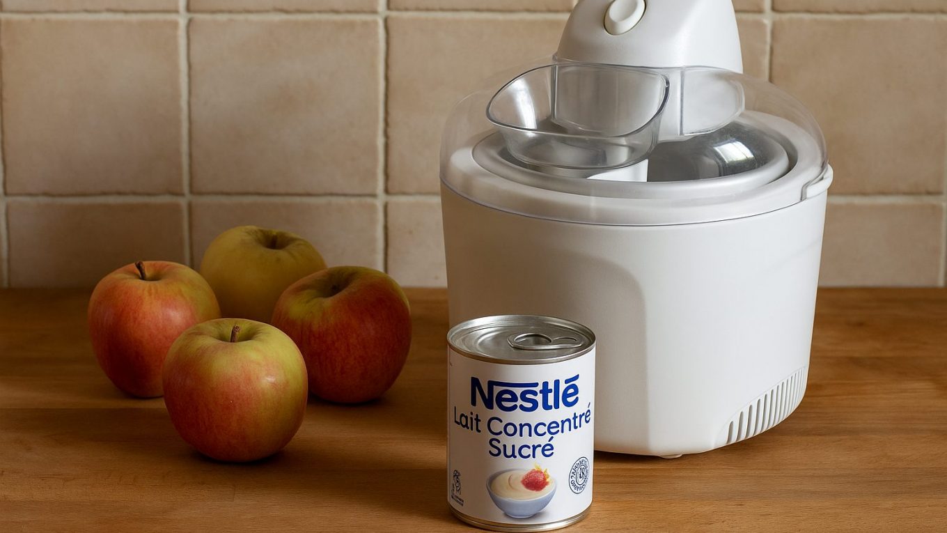 Pommes fraîches, boîte de lait concentré sucré Nestlé et sorbetière sur un plan de travail en bois dans une cuisine de campagne, prêts pour préparer une glace maison