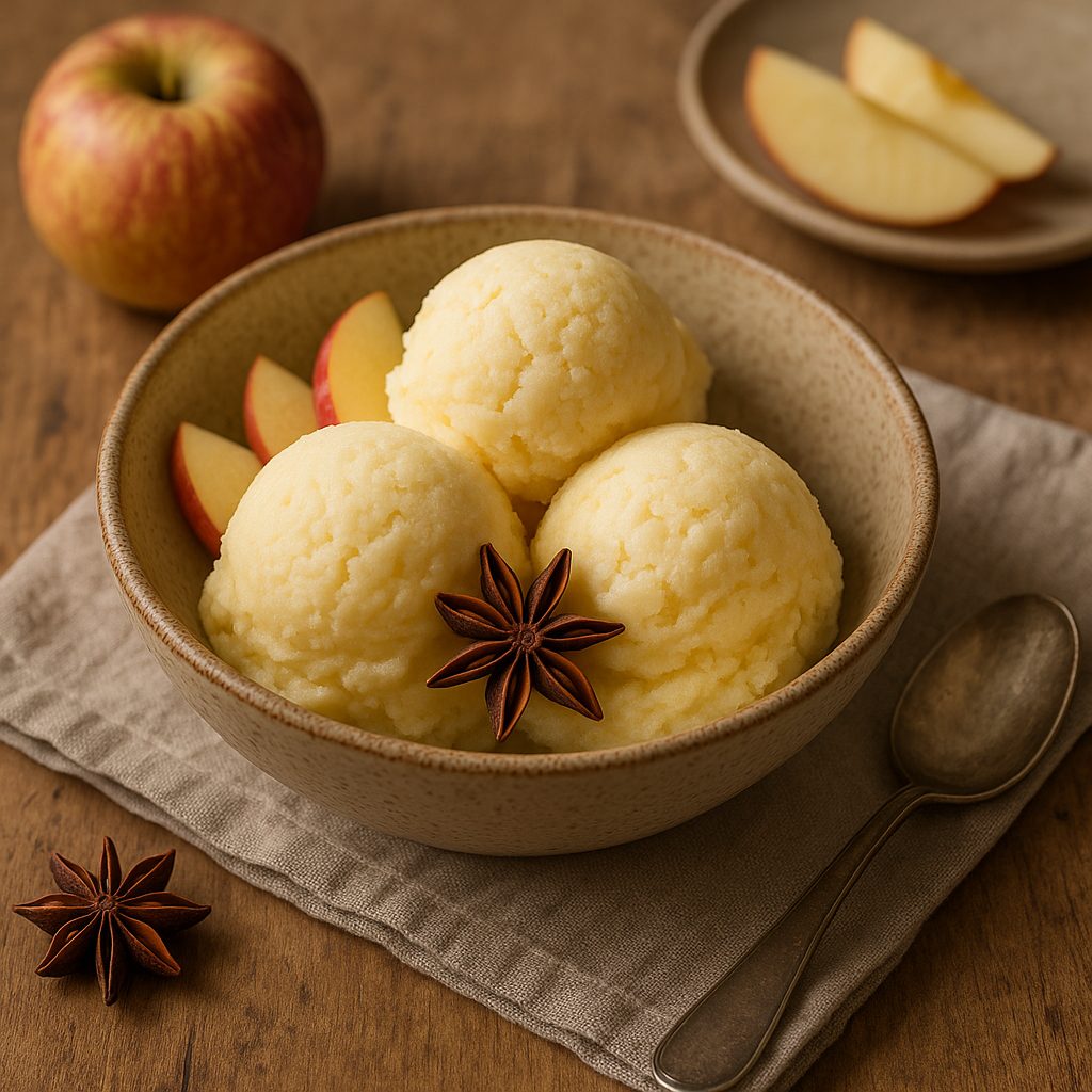 Glace pomme et lait concentré en boules, décorée de lamelles de pomme et d’anis étoilé