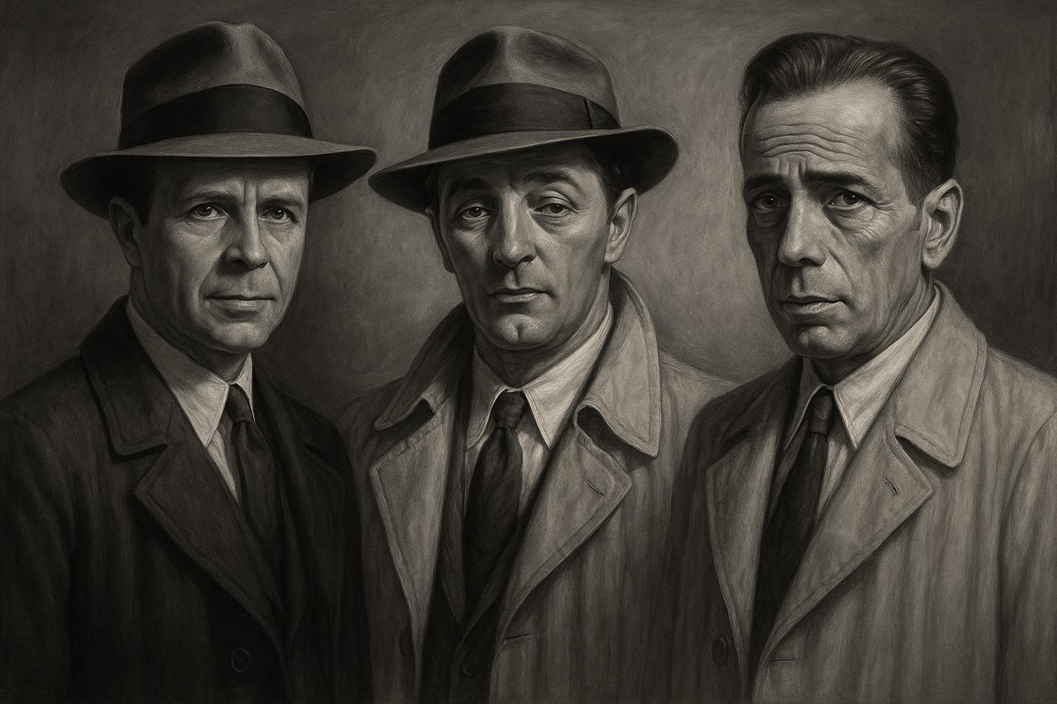 Portraits de Dick Powell, Robert Mitchum et Humphrey Bogart dans le rôle de Philip Marlowe, style film noir hyper réaliste