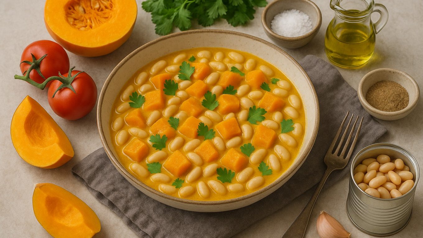 Bol de curry de potimarron et mogettes, décoré de coriandre fraîche, recette au Cookeo