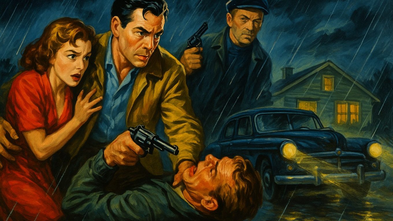 Affiche vintage peinte style années 50 illustrant le roman noir « De la part des copains » de Richard Matheson : un homme au téléphone, une femme inquiète à la fenêtre, silhouettes menaçantes sous la pluie.