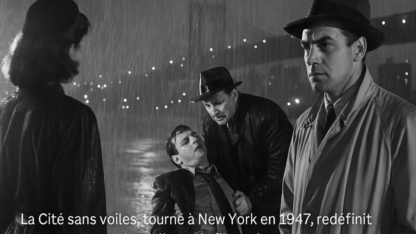 Vue nocturne de New York en 1947, sous la pluie, éclairée par les réverbères, dans le style du film noir La Cité sans voiles de Jules Dassin.