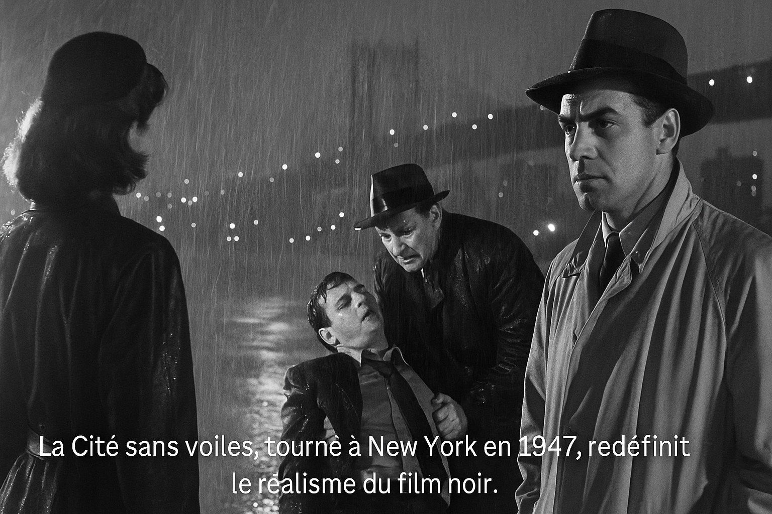 Vue nocturne de New York en 1947, sous la pluie, éclairée par les réverbères, dans le style du film noir La Cité sans voiles de Jules Dassin.