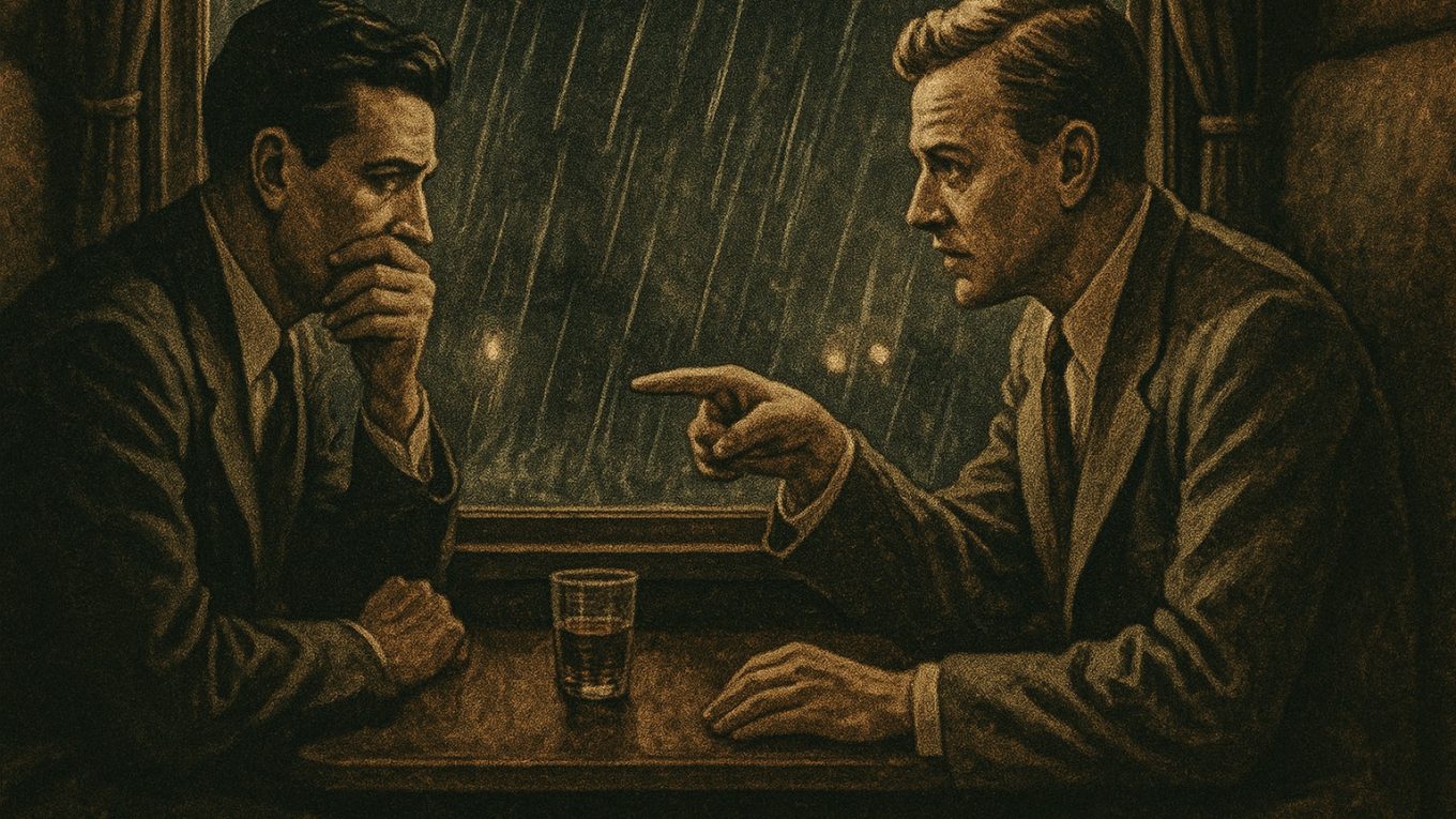 Deux hommes assis face à face dans un compartiment de train sous la pluie, ambiance film noir des années 1950, lumière tamisée et tension silencieuse.