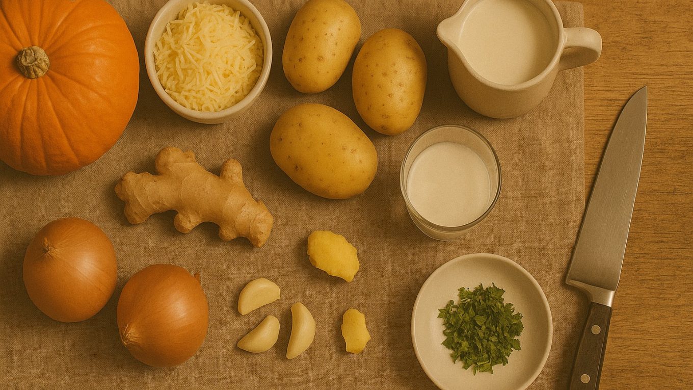 Ingrédients du gratin de citrouille et pommes de terre au gingembre : citrouille, pommes de terre, oignons, ail, gingembre frais, lait, crème, fromage râpé et couteau de cuisine, disposés sur un linge beige dans une ambiance rustique.