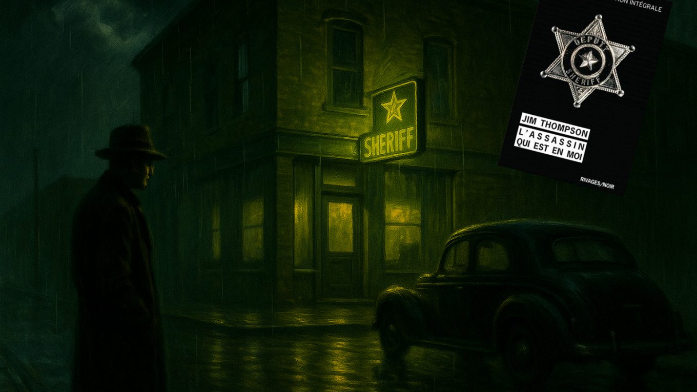 Peinture réaliste inspirée du roman noir, une rue texane sous la pluie avec une enseigne de shérif éclairée, ambiance nocturne et mélancolique.