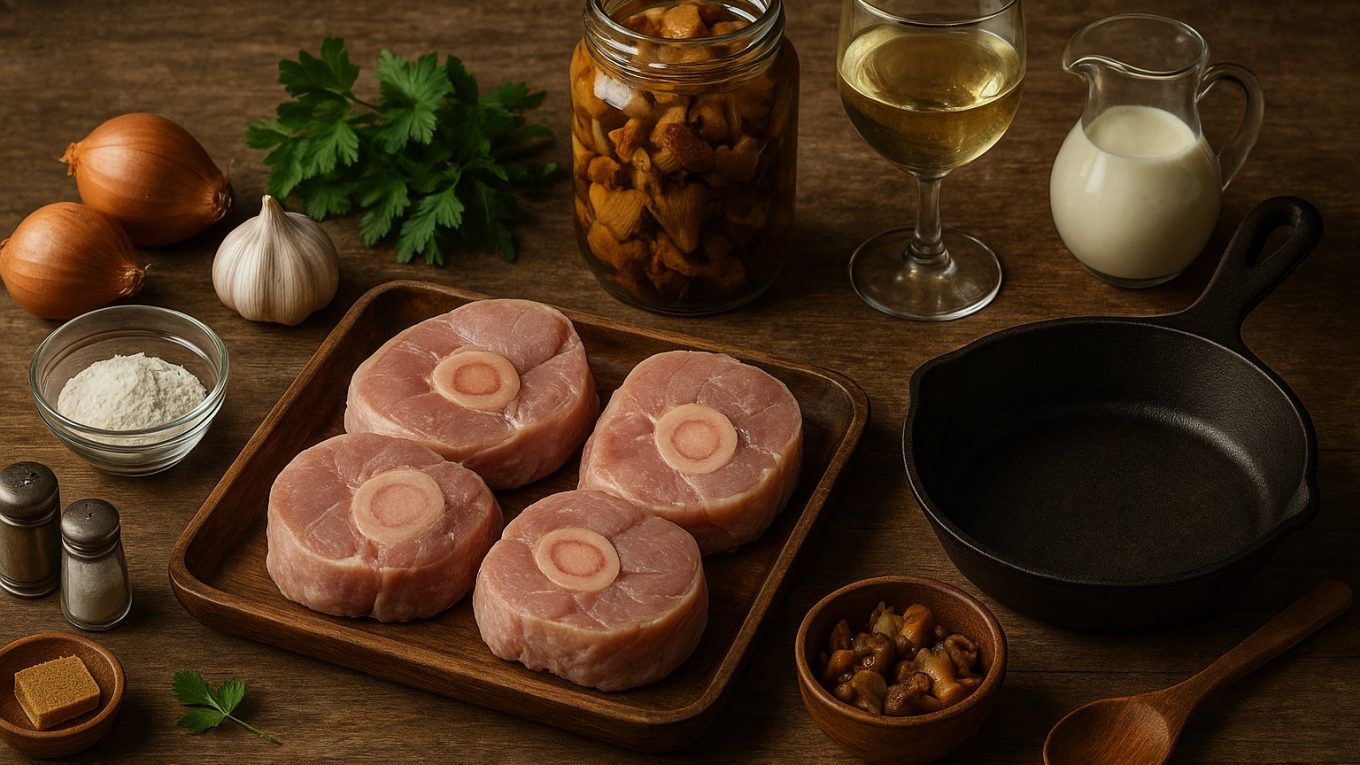 Ingrédients et ustensiles disposés sur une table rustique pour la préparation d’un osso-bucco de dinde aux cèpes et girolles.