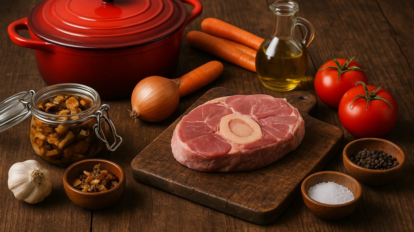 Ingrédients pour un osso-bucco de dinde aux cèpes et girolles, disposés sur une table en bois autour d’une cocotte en fonte rouge ancienne.